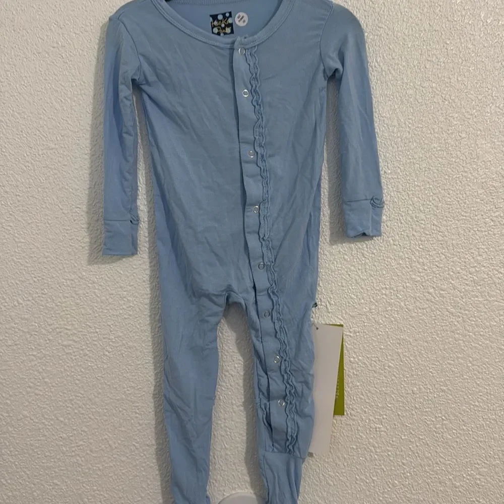 NWT-Kickee Pants-light blue snap footie overall-muffin ruffle -Size 12-18 months